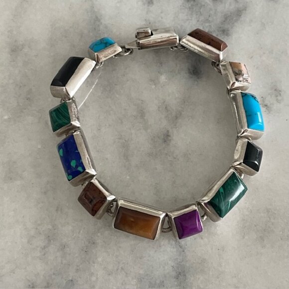 Vintage Taxco Multi Gemstone Bracelet 925 Silver from Mexico - 7.25"